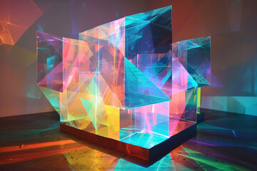 Pastel-colored holographic shapes in 3D, creating a light-filled spectacle that blurs the lines between art and technology.