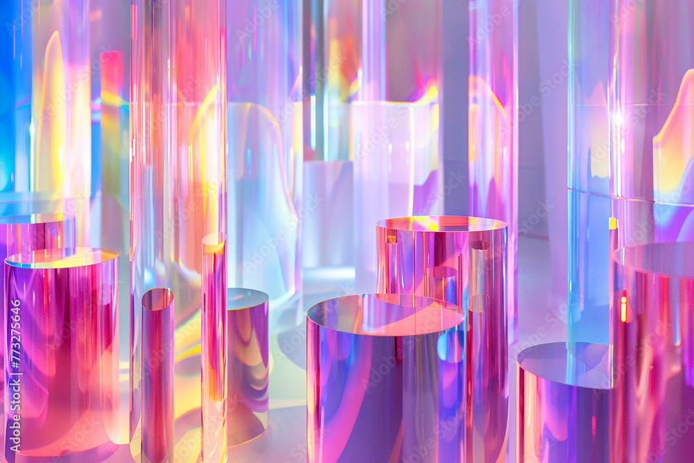 Poster pastel-colored holographic shapes in 3d, creating a light-filled spectacle that blurs the lines betw