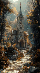 A castle with a steeple and a path leading to it. The castle is surrounded by trees and rocks - obrazy, fototapety, plakaty