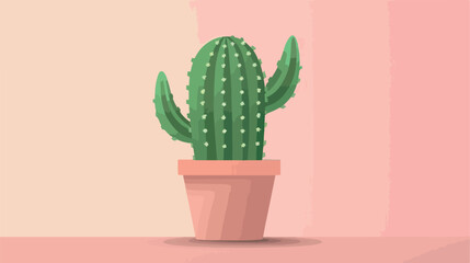 Vector cartoon green cactus in a pot standing on pink