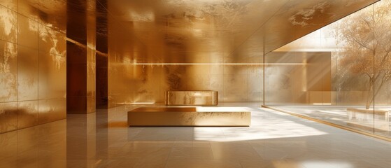 A minimalist studio space entirely crafted from polished gold, with golden walls, floors, and ceiling, reflecting a warm, luminous glow throughout the room.