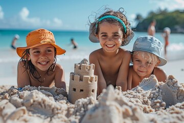 Kids building sandcastles, swim caps, beach backdrop, clear sky, topdown perspective