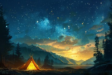 Starry night camping, family inside glowing tent, low angle, rich night colors, fantasy illustration - obrazy, fototapety, plakaty