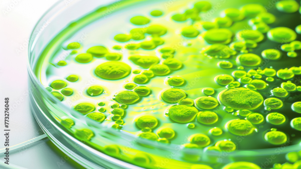 Poster petri dish with clusters of green microalgae under examination in a lab setting.