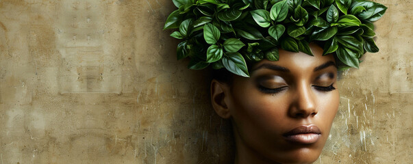 Beautiful black african latina woman with plants growing on her head texture background nature feminism environmental mental health wellness meditation copy space illustration - obrazy, fototapety, plakaty