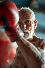 An elderly man displays vigor and determination as a boxer, challenging age stereotypes with assurance and energy during his workout