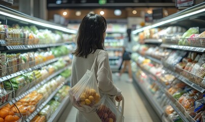 A fashionable woman effortlessly navigates the bustling marketplace, holding a bag of fresh vegetables from the convenience store while perusing fresh food in shelves.