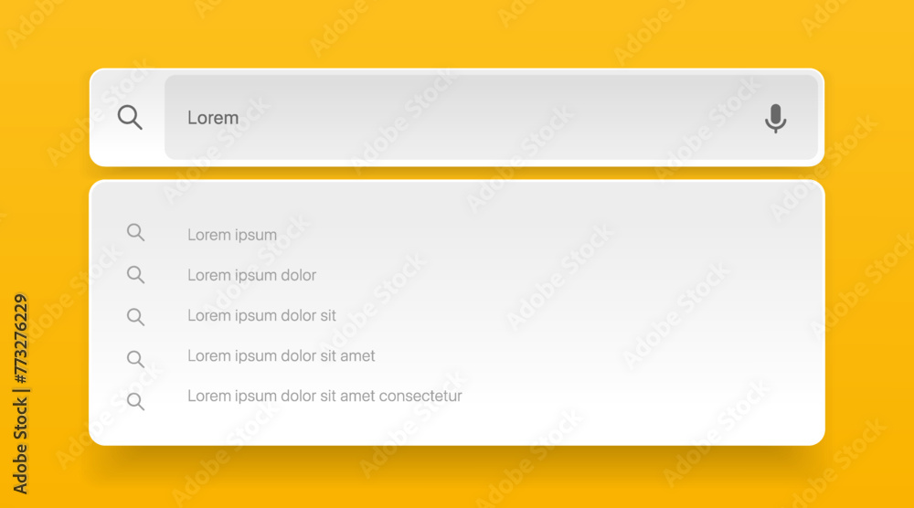 Leinwandbilder Search Bar with suggestions for UI UX design and web site. Search Address and navigation bar icon. Collection of search form templates for websites. Search engine web browser window template.