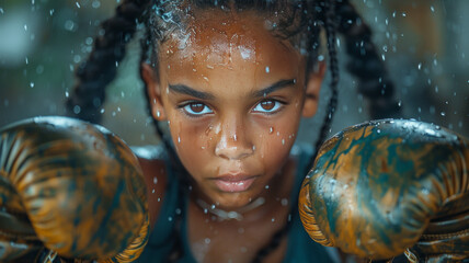 Naklejka premium 10 year old girl practicing boxing, wearing green sportswear, her clothes have liquid texture print on the fabric,generative ai