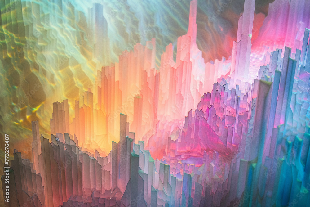 Poster pastel-toned light cascading over holographic abstract shapes, creating a 3d visual feast of color, 