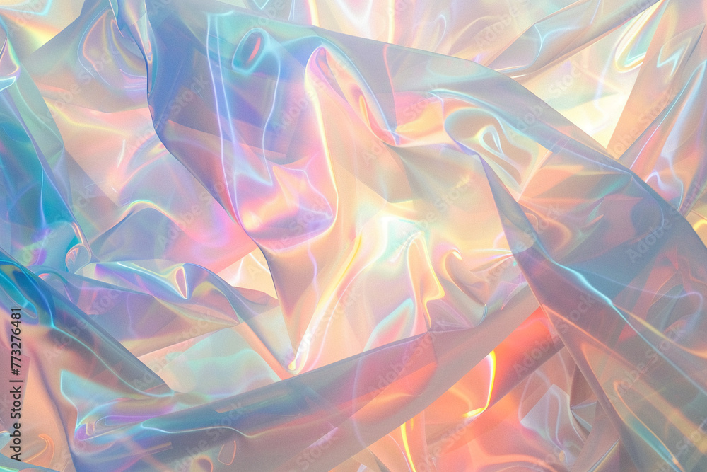 Poster pastel-toned light cascading over holographic abstract shapes, creating a 3d visual feast of color, 