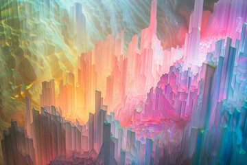 Pastel-toned light cascading over holographic abstract shapes, creating a 3D visual feast of color, form, and fantasy.