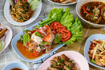 Vermicelli salad is a popular Thai salad. Spicy Thai food concept.