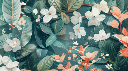 Pastel botanical canvas, where florals and leaves unite in designs that celebrate the serene aspects of nature's beauty. - obrazy, fototapety, plakaty