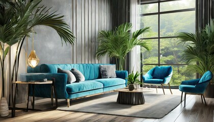 Interior living area with blue couch.