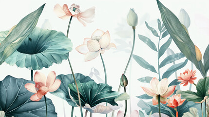 Pastel botanical illustrations, featuring a variety of flowers and leaves, evoking a sense of calm and natural beauty.