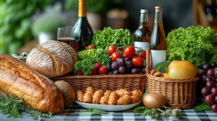   A table laden with a basket of bread, bottles of wine, a bowl of fruit, and an assortment of vegetables
