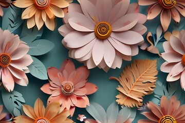 3d render, horizontal floral pattern. Abstract cut paper flowers isolated on white, botanical...