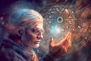 an old magician holds in his hands a circle of zodiac signs on a background of outer space - obrazy, fototapety, plakaty