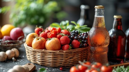   A table bears a basket filled with fruits and veggies, along with a solitary beer bottle and additional produce