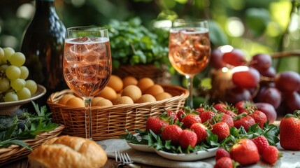 Fototapeta na wymiar A table is set with a woven basket filled with assorted fruits – oranges and strawberries – and a nearby glass holds a crisp, cool beverage, awaiting enjoyment