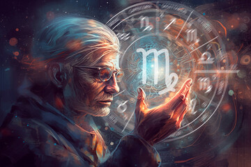 old magician holds the zodiac sign Virgo on the background of outer space - obrazy, fototapety, plakaty