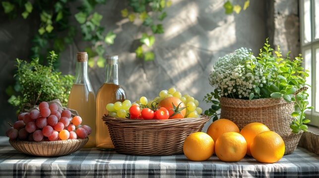   A table, laden with a woven basket of fruit - oranges and grapes - alongside a positioned bottle of wine