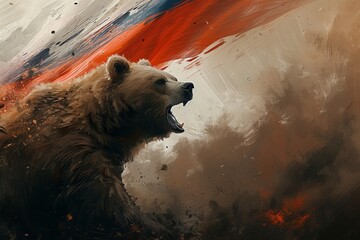   A painting of a brown bear with a red, white, and blue flag on its backward side - obrazy, fototapety, plakaty