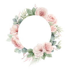 Dusty pink roses flowers and eucalyptus leaves. Watercolor vector round floral frame. Wedding stationary, wallpapers, fashion, fabric, home decoration. Hand painted illustration. - 773277644