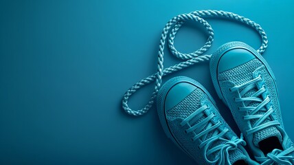 Fitness ready set with sneakers and jump rope on azure background - obrazy, fototapety, plakaty