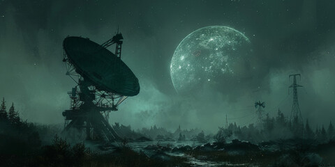 A radio telescope on starry night sky with stars and galaxies background. futuristic technology, banner