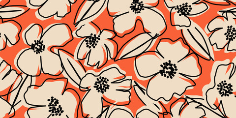 Hand drawn flowers, seamless patterns with floral for fabric, textiles, wall art, wallpaper, cover, banner, home decor, abstract backgrounds. Vector illustration.