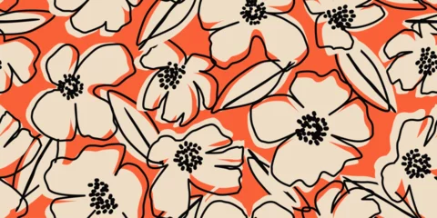 Fotobehang Stijlen patronen Hand drawn flowers, seamless patterns with floral for fabric, textiles, wall art, wallpaper, cover, banner, home decor, abstract backgrounds. Vector illustration.  © Udomdech