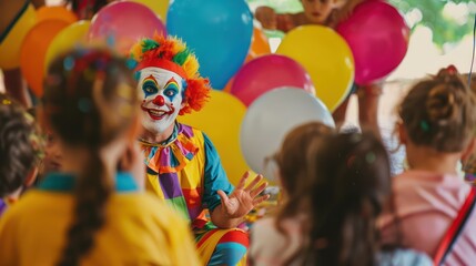 A birthday party with a clown or entertainer performing for the children