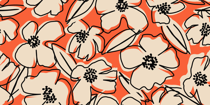Hand drawn flowers, seamless patterns with floral for fabric, textiles, wall art, wallpaper, cover, banner, home decor, abstract backgrounds. Vector illustration.