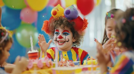 A birthday party with a clown or entertainer performing for the children. 