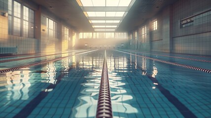 Early morning sunlight bathes empty swimming lanes in a tranquil pool setting - obrazy, fototapety, plakaty