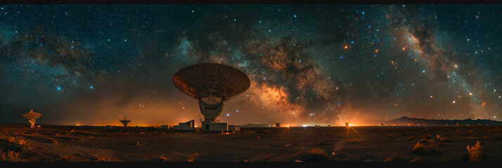 A radio telescope on starry night sky with stars and galaxies background. futuristic technology, banner