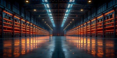 Large commercial warehouse with high shelves suitable for logistics and distribution companies. Concept Warehouse Space, Logistics, Distribution, Commercial Property, High Shelves - obrazy, fototapety, plakaty