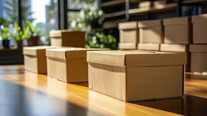 Cardboard donation boxes lined up on a table in soft daylight