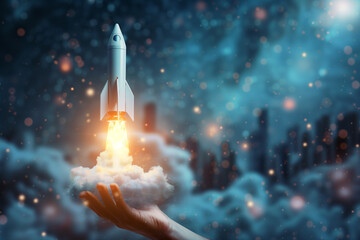 A hand presenting a launching rocket over a night cityscape, useful for technology and inspiration themes.