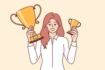 Successful woman manager boasts of gold cups for obtaining leadership position in corporate competitions. Business lady invites employees to participate in trophy drawing for leadership qualities