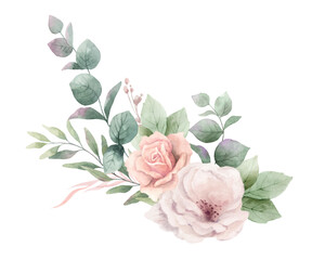 Watercolor vector floral bouquet. Dusty pink roses flowers and eucalyptus leaves. Foliage arrangement for wedding invitations, greetings, fashion, decoration. Hand painted illustration.