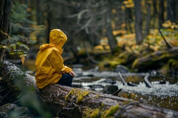 A person sitting on a fallen log in the woods, gazing ahead, surrounded by trees and nature - Powered by Adobe