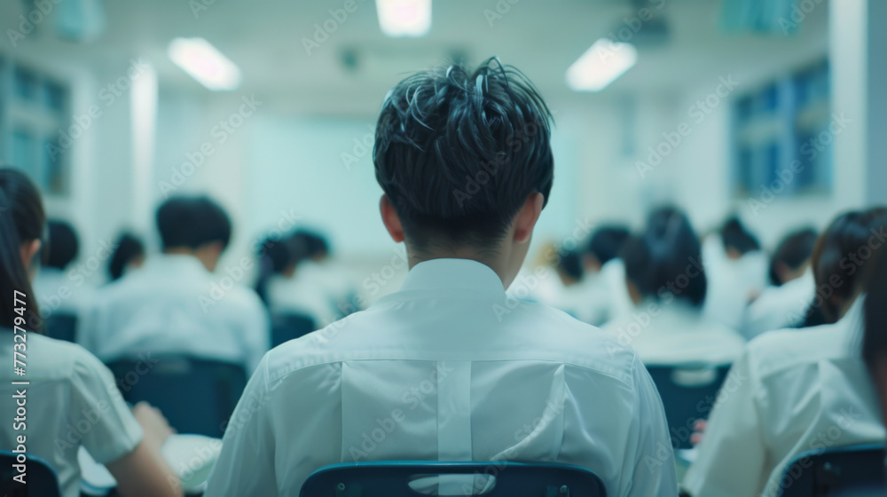 Poster a teacher's back view with rows of students in uniforms facing a blackboard.