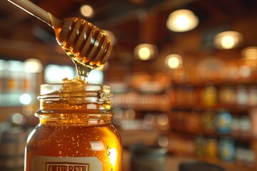 Closeup of a honey jar filled with honey, with a honey spoon inside