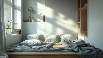 Minimalist sleep quarters with upper bunk draped in charcoal blankets and sunlight streaming in - obrazy, fototapety, plakaty