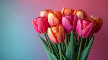   A vase holding pink and orange tulips against a pink-blue background Behind, a pink wall is visible