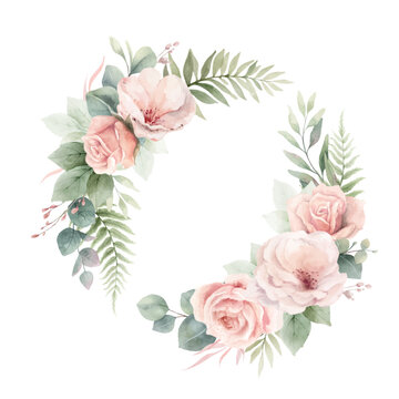 Dusty pink roses flowers and eucalyptus leaves. Watercolor vector floral wreath. Foliage arrangement for wedding invitations, greetings, fashion, decoration. Hand painted illustration.