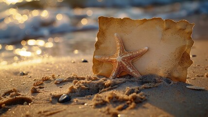 Sandy beach scene with starfish and a blank postcard for messages - obrazy, fototapety, plakaty
